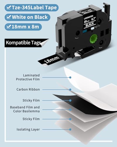Upwinning Tze 345 Bänder 18mm Schwarz Kompatibel mit Brother P touch Schriftbänder Schwarz 18mm TZe-345, Tze 18 mm TZe345 Aze-345, kompatibel für Brother P-touch D400 PTD410 P710BT E300VP, 3er-Pack