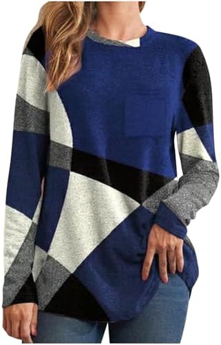 Long Sleeve Shirts for Women Plus Size Crew Neck Tee Fashion Plush Fleece Tops Casual Blouses Color Block Tshirts