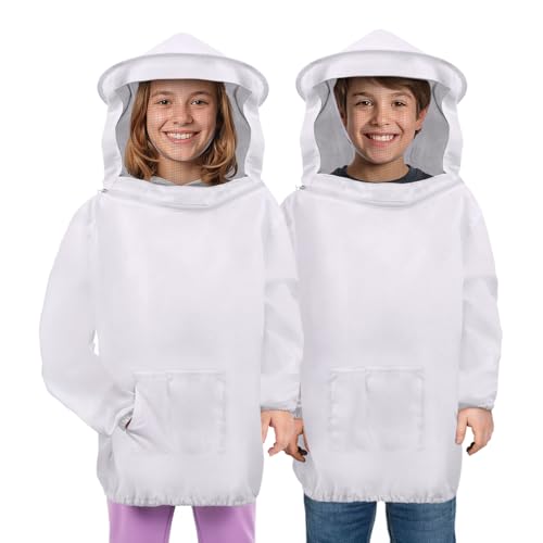 Flexzion Kids Beekeeping Suit Jacket with Veil Hood - Lightweight Sting-Resistant Bee Suit for Kids Adults Youth Pullover Bee Smock Elastic Waist & Cuffs White Kid Large