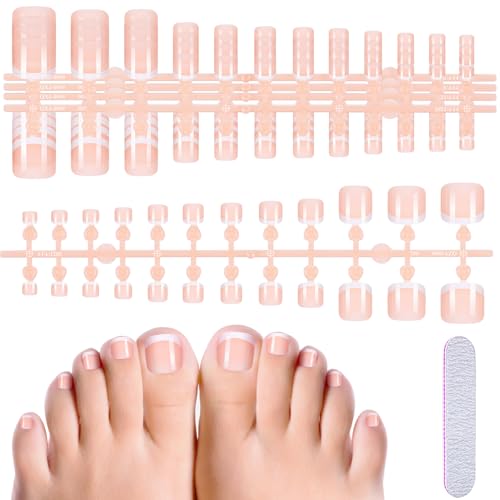 MELLIEX 120 Stück Falsche Fußnägel Kit, Französisch Natürliche Künstlich Fußnägel zum Aufkleben, Full Cover Toe Nails Tips für Frauen, 12 Größen