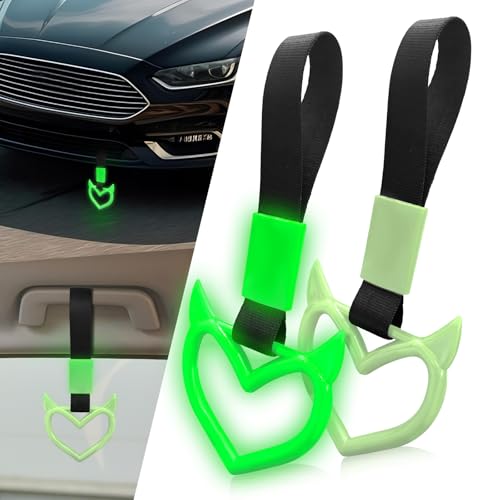 Image of 2 Pcs Devil Heart Shaped Car Handle Strap - Drift Charm Rear Bumper Warning Ring Decor for Car Interior Exterior, Subway Bus Handle Accessory, Cute Heart Car Decor Gift for Drivers (Luminous Green)