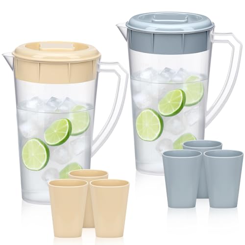 Maxdot 2 Pack Plastic Pitcher with 10 Cups 2.3 Qt/ 2.2 L Water Pitcher with Lid Unbreakable Heat Resistant Tea Jug with Handle for Iced Drinks Juices Milk Cold or Hot Beverages, Beige and Gray