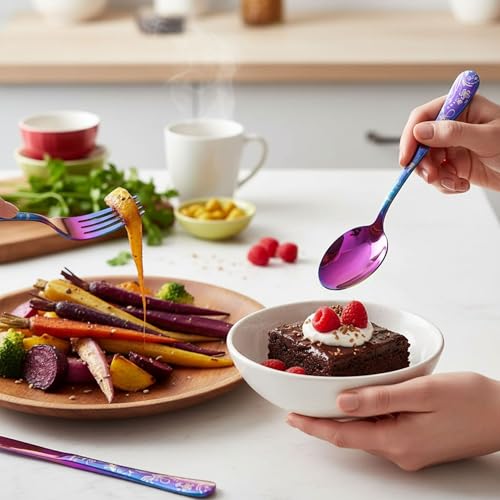 Image of 5 Pcs Rainbow Floaral Stainless Steel Cutlery Set for Dining Table with Spoon and Fork Set & Butterknife - The Perfect Tableware /Flatware