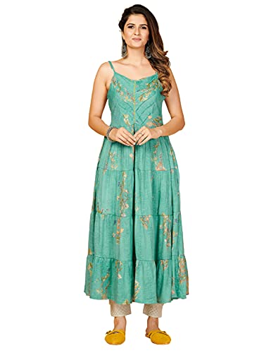 Image of Vbuyz Women's Printed & Embroidered Anarkali Blue Viscose Rayon Kurta With Musturd Cotton Stylish Shrug |Women Kurtas|Stylish Shrug Kurta set|Shrug set|kurta for women