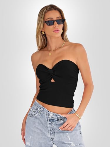 EFAN Womens Tube Tops Going Out Cut Twist Knot Front Bandeau Ribbed Knit Y2K Strapless Tank Bustier Corset Clothes4