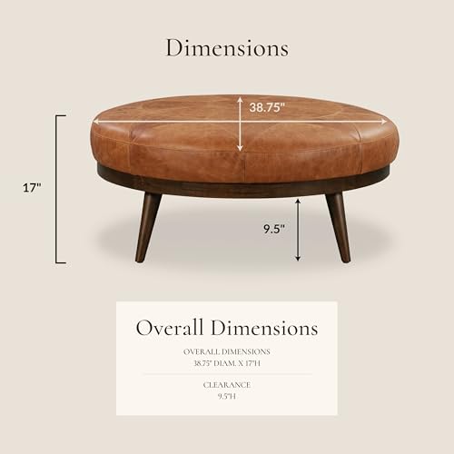 POLY & BARK Gio Ottoman – 30” Round with Feather-Down Topper – Full-Grain Leather Upholstery – Couch Ottoman for Living Room – Vintage Italian Leather in Cognac Tan