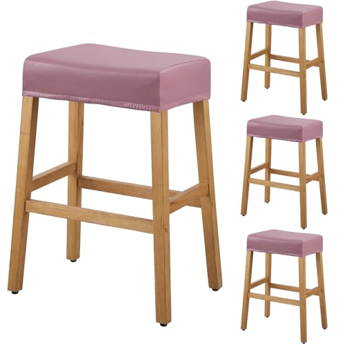Image of YISUN Stool Covers Rectangle - 4 Pack Stretch Oilproof Waterproof PU Bar Stool Covers Saddle Seat Counter Pub Vanity Chair Cover with Elastic Bands