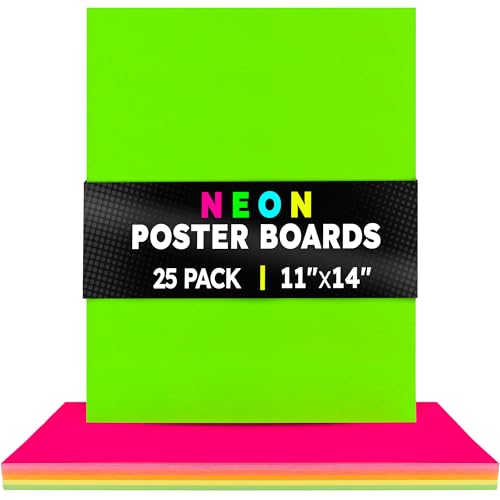 Hygloss Medium Poster Board 11x14 - 25 Assorted Neon Color Poster Boards Bulk Pack - 10 Pt. Thickness Colored Poster Board Paper for Projects, Signs, Displays - Posterboard Multipack 11' x 14'