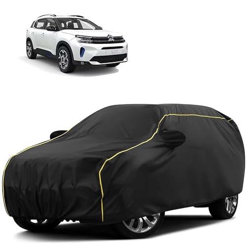 Image of Sulfar 100% Water Resistant Car Body Cover Compatible with Mirror for CITROEN C5 AIRCROSS SUV (Triple Stitched, Full Bottom Elastic, Black Tafetta with Yellow Piping)