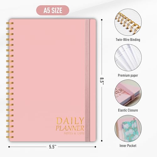 Daily Planner with Hourly Schedules - Undated To Do List Notebook, Spiral Bound, 5.5" x 8.5", Manage Your Tasks and Appointments, The Perfect Office Supplies for Women - Pink - Image 4