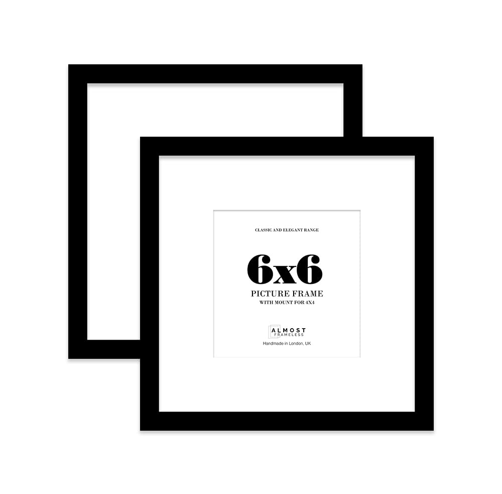6x6 Black Picture Frame with Mount for 4x4 Photos, Prints - Modern Square Wall Frame, Set of 2