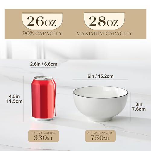 Image of MALACASA 26 Oz Ceramic Cereal Bowls Set of 6 - White Bowl wtih Black Rim | Perfect for soup, cereal, ramen, rice, oatmeal & salad; Scratch-resistant; stackable, microwave, oven & dishwasher safe