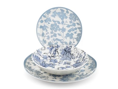 H&H Servizio Tavola Celestial 18 Pezzi in Porcellana - Piatti Piani, Fondi e Frutta con Decorazione Floreale Carta da Zucchero - Adatto Lavastoviglie e Microonde