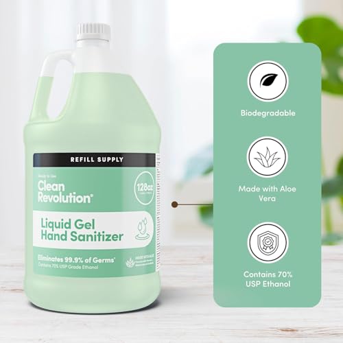 Image of Clean Revolution Liquid Gel Hand Sanitizer 128 oz Refill Bottle 4-Pack, Gentle, Aloe Scented, 70% USP Medical Grade Ethanol, Medical Facility Compliant - Made in USA