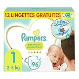Pampers Windeln Größe 1 (2-5 kg), Premium-Schutz, 96 Babywindeln und 12 Babytücher Aqua Harmonie, unsere Nr. 1 für den Schutz empfindlicher Haut, ohne Parfüm oder Alkohol