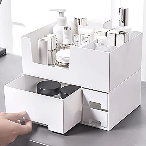 TIE-DailyNec Cosmetic Storage Box with Drawers Makeup Organiser Plastic Desktop Drawers Bathroom Organizer Countertop for Brushes, Eyeshadow, Lotion, Lipstick, Nail Polish and Trinkets (White)