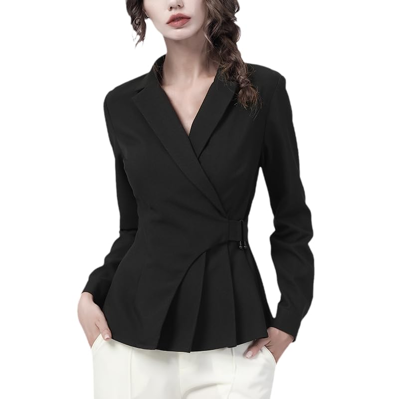 Traje de Oficina para Mujer, Camisa con Cuello, Camisa Lisa de Manga Larga Plisada, Blusas de Mujer, Tops de Primavera de Estilo francés (Negro XL)
