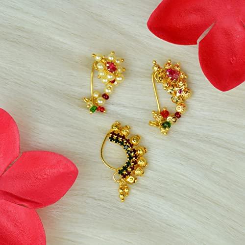 Image of Medium Size Traditional Maharashtrian Banu Nath Nose ring without piercing Pearl Gold Plated Nath Combo Clip On Nose Ring For Women