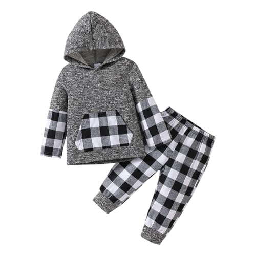 WOLBAY Toddler Boy Clothes long Sleeve Plaid Hoodie Buffalo Plaid Pants Sweatsuit Fall Winter Outfits 12 Months- Size 5