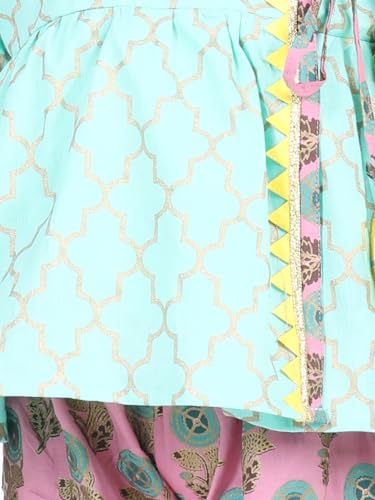Image of BownBee Girls Cotton Kurti and Sharara Suit Set Round Neck, Angrakha Traditional Ethnic Dress, Front Open Kurta For Girl Kids, Suitable for All Festivals & Casual Wear