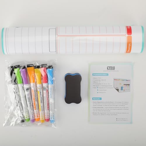 KTRIO A3 Magnetischer Wochenplaner für Haushaltsplan, Einkaufsliste, Essens- und Fitnessplanung. Nass & trocken abwischbares Whiteboard mit 7 Markern und Schwamm zum Aufhängen