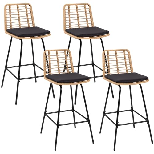 IDMarket - Lot de 4 tabourets de Bar Summer Effet rotin Pied métal Noir