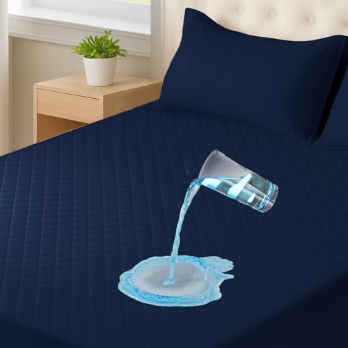 CYCMACO Protector Colchón Impermeable 90x200cm, Transpirable Anti Ácaros Cubrecolchon, Extra Profundo, Elástico En Todo El Contorno, Lavable, Protección Incontinencia Y Sudor, Azul Oscuro