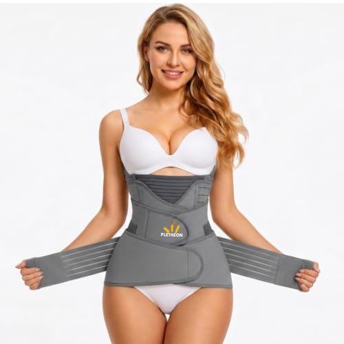 Image of PLETHEON Post Pregnancy Waist Clincher | 3 in 1 Postpartum Belt for Women | Tummy Control Abdominal Binder | Back Support, Belly Compression | Slimming Shapewear Corset for Recovery (3 in 1 PPB-Grey)