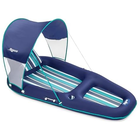 Aqua Ultimate Pool Float Lounger with UPF 50 Canopy and Cupholder – Heavy Duty, Inflatable Pool Lounge for Adults – Navy/Aqua/White Stripe Cover