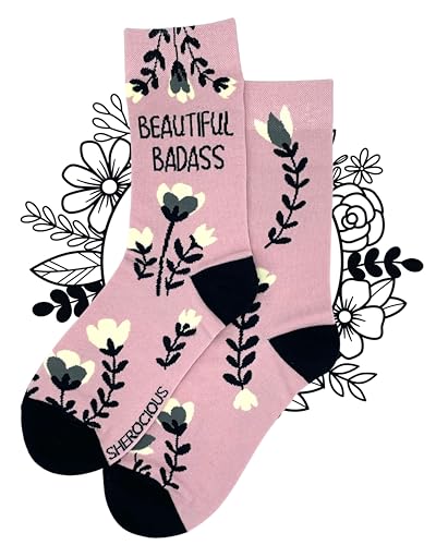 SHEROCIOUS | fun socks for women | cheer me up gifts | best postpartum gifts for mom | girl power gifts (Beautiful Badass PinkGrey)