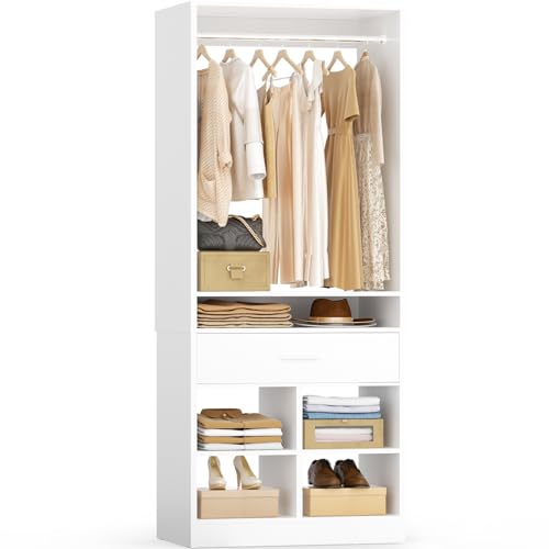Unikito Freestanding Closet System with Wood Drawer and 4 Cubby Storage, Closet Organizer with Hanging Rods & Shelves, 25' W X 80' H Clothes Garment Rack, Walk in Closet Tower Wardrobe, White