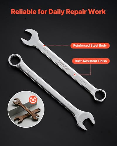 Image of VEVOR Combination Wrench Set, 42-Piece SAE and Metric, 12-Point Box End and 15 Angled Open End Combination Wrenches with Roll Up Pouch, Carbon Steel, for General Household and Automotive Repairs