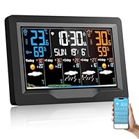 Regevo Stazione Meteo con Sensore Esterno Interno, Smart WiFi Stazione Meteorologica Display a Colori con Temperatura, Umidit&agrave;, Tempo, Sveglia, Previsioni del Tempo, Allarme Temperatura Massima/Minima