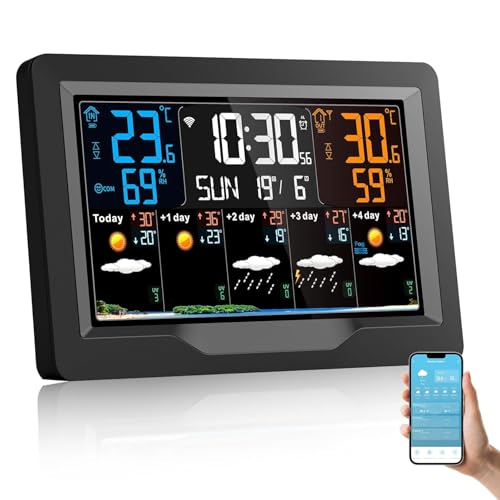 Regevo Stazione Meteo con Sensore Esterno Interno, Smart WiFi Stazione Meteorologica Display a Colori con Temperatura, Umidità, Tempo, Sveglia, Previsioni del Tempo, Allarme Temperatura Massima/Minima