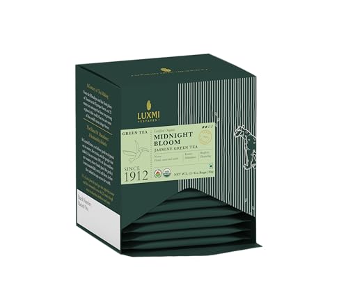 Image of Luxmi Estates Midnight Bloom Jasmine Green Tea - 15 Bags (30g) x 6 Pack | USDA Organic | With Organic Jasmine Buds | Darjeeling Green Tea | 90 Cups