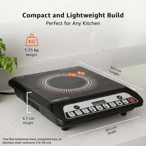 Image of Amazon Basics 1600W Induction Cooktop | 7 Pre-Set Cooking Menus | LED Display | Smart Push Buttons I Energy Efficient, Auto Cut-off, 20A IGBT & 4KV Surge Protection I Black