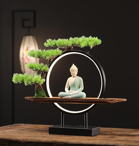 Houlu Green Buddha Statue with Green Artificial Tree and LED Circle Table Lamp, Indoor Ceramic Buddha Statues for Home Decor, 16.5 in