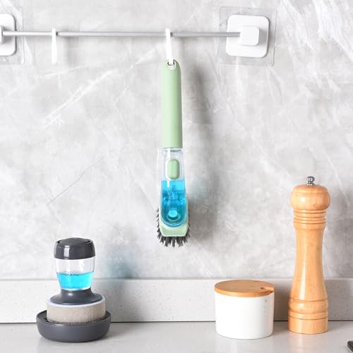 Image of dishwashing Brush with Handle, Scratch-Free dishwashing Brush, Plate Brush, soap Dispenser, Kitchen Tableware, Pot, Sink Cleaning Set (Green)