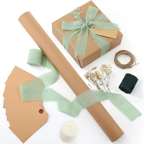 Suncalla 16 Pcs Wrapping Paper Set 16 Inch x 16 ft Elegant Neutral Vintage Kraft Gift Wrapping Paper and Ribbon Tags Dried Flowers for Wedding Baby Shower Birthday Thanksgiving Christmas(Green)