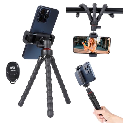 FPN Mini Cell Phone Tripod, 3 in 1 Flexible Phone Tripod with Wireless Remote for Video Recording Vlogging Selfie, Portable Small Tripod Stand Compatible with iPhone, Samsung, 4.7''-7'' Phones