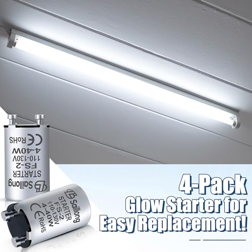 Saillong 4 Pack Upgraded Aluminum Housing Fluorescent Starter with 4-40W Preheat Fluorescent Lamps, CE Certified Fluorescent Tube Neon Starter Use in 110-130V (Compatible with FS-2)