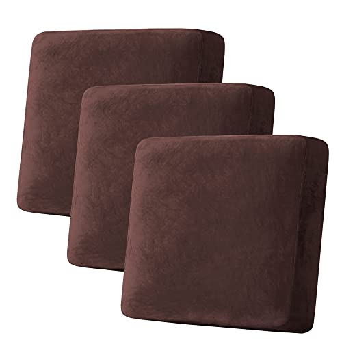 H.VERSAILTEX Funda de cojín elástica de terciopelo para sofá, funda de cojín de felpa para silla, sofá biplaza, protector de muebles, cojín de asiento (3 fundas de cojín de sofá XL, marrón)