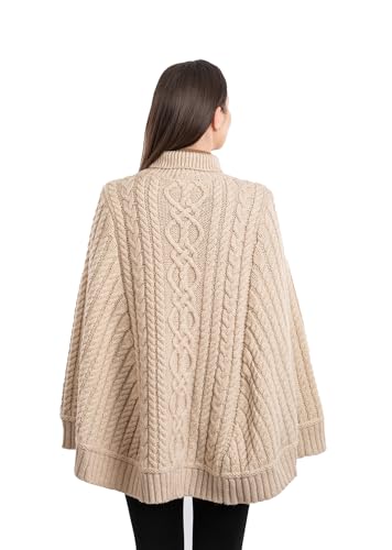 SAOL 100% Merino Wool Cable Knit Ladies Irish Aran Poncho Cardigan3