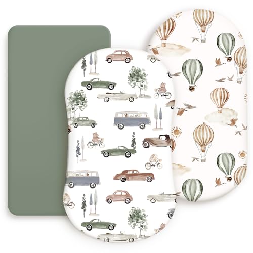 Image of GRSSDER Stretchy Ultra Soft Fitted Bassinet Sheets 3 Pack, Universal Fit for Bassinets Baby Cradle Moses Basket Oval Rectangle Mattress Safe and Snug, Stylish Bassinet Sheet of Cars Print for Boys