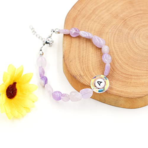 Image of Uloveido Purple Natural Stone and Austrian Crystal Letter Bracelet, Personalized Initial Jewelry for Women A-Z 26 Letters