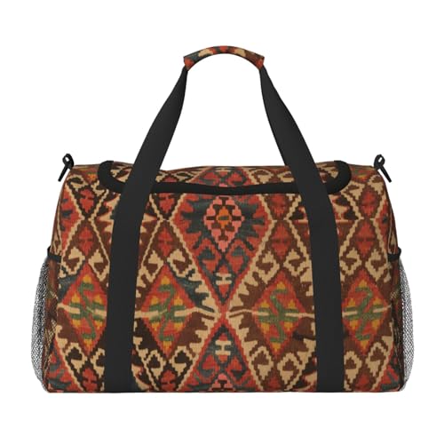 Antique Turkish Oriental Kilim Lightweight Travel Duffle Bag – Spacious Overnight Bag With Mesh Side Pockets, Adjustable Strap & Reinforced Design