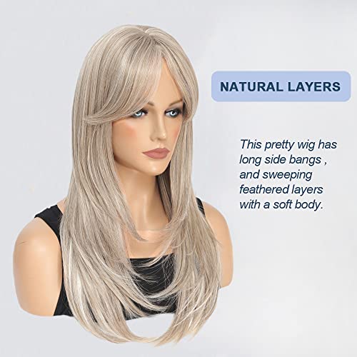 Ash Blonde Wig with Fringe Synthetic Mixed Blonde Wigs for Women Long Slight Curly Layered Wig for Daily and Party Wear - Image 3