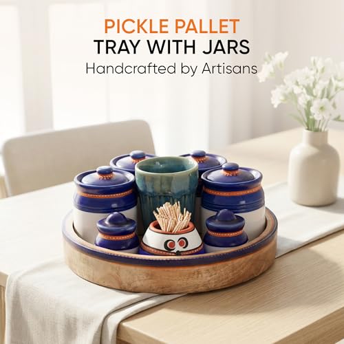 Image of Aakriti Art Creations Pickle Pallet Set of 4 with Teak Wood Tray | Ceramic Achar ki Barni & Mukhwas Box | Handcrafted Abstract Art Storage Jar for Spice & Pickle | Traditional Achaar Barni for Kitchen