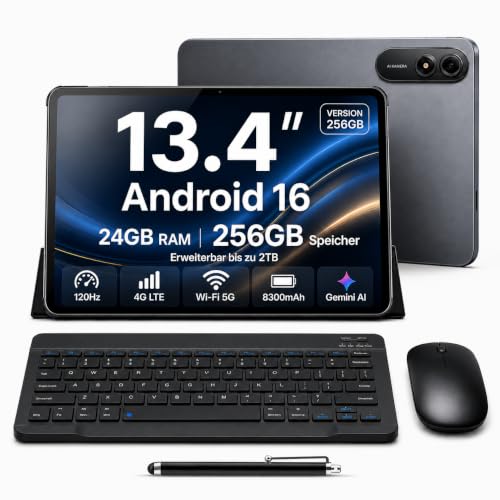 Tablet 13,4 Zoll mit Tastatur, 4G LTE, Android 16, 256GB Speicher 24GB RAM / 2TB TF, T7280 Octa-Core, 120 Hz FHD+, Ultradünn Tablet-PC, 8300 mAh,USB-C PD 18 W, PC Mode 3.0, Widevine L1/Face ID, Grau