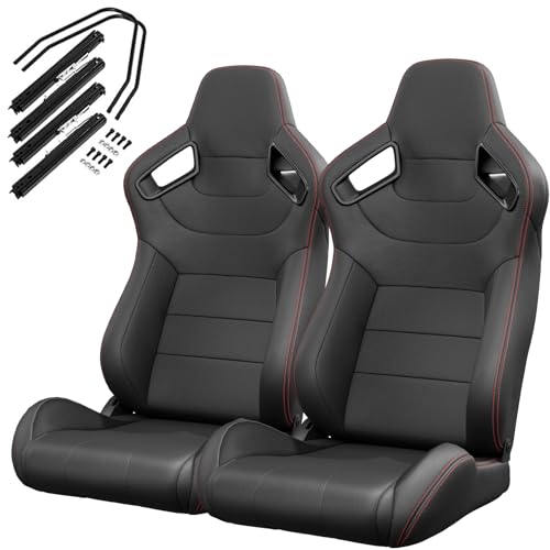 Pair of Universal Racing Seats, PVC Leather, Racing Bucket Seats with Dual Sliders, Reclinable for Driver and Passenger Side (VR001)